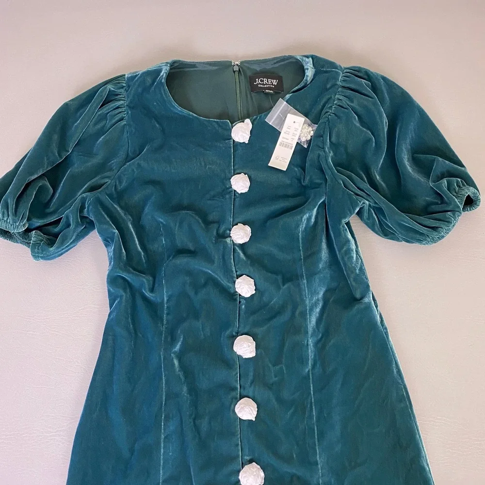 J.Crew‎ Collection Velvet Puff Mini Dress Women's Size 4 Teal Sleeve Rosette NWT